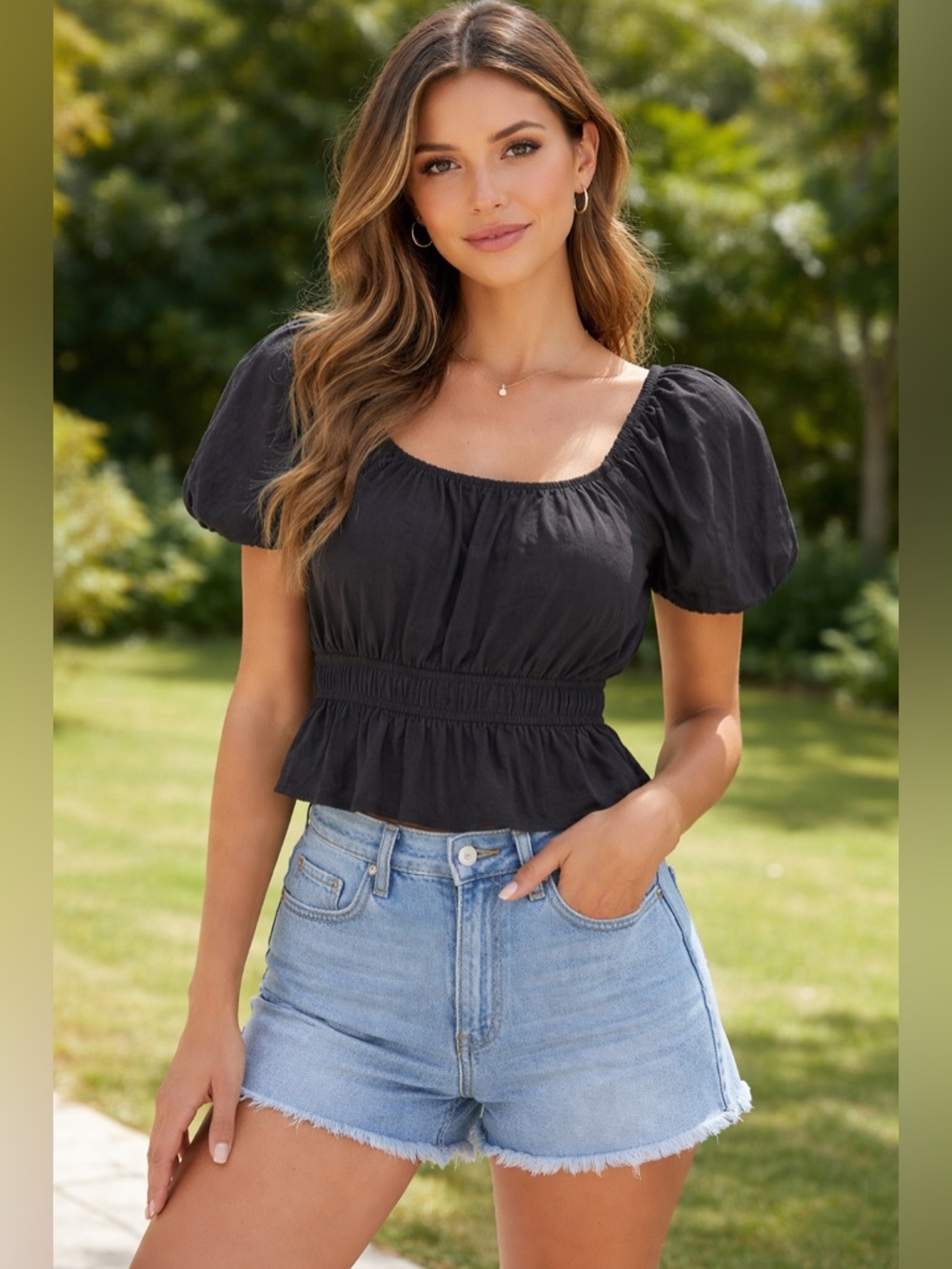 Nine West Black Puff Sleeve Smocked Waist Top XS Cottagecore Stretch Blouse